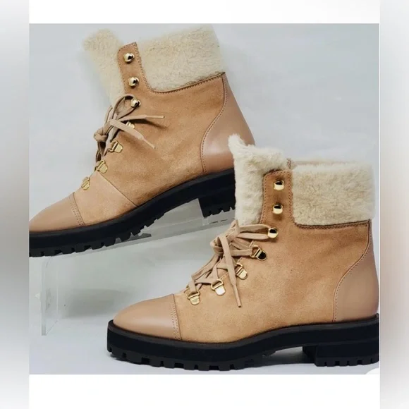 NWT Stuart Weitzman Alpine Leather & Suede Shearling Combat Boots 6.5 - Picture 4 of 9